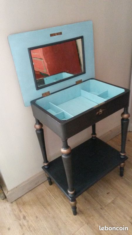 Ancienne coiffeuse relookée patine noire/turquoise (image 7)