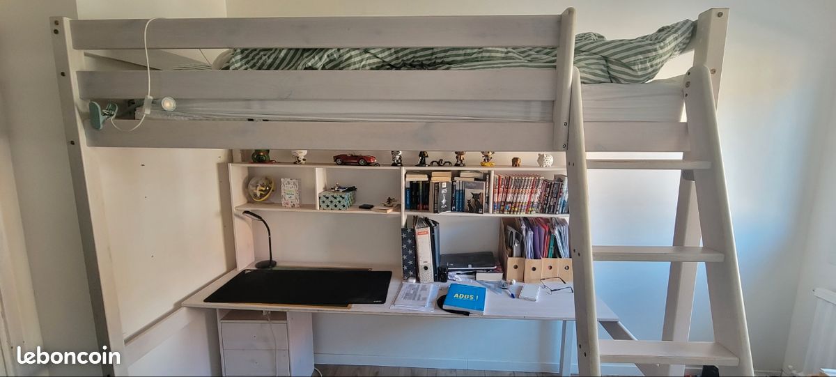 Lit mezzanine BLOOM 190x90 cm + bureau intégré – Blanc – Bon État (image 6)