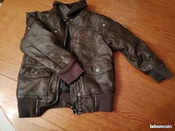Blouson Aviateur En Cuir Véritable Pour Enfant 9/10 Ans (140cm) - Marque Kiabi, Occasion Bon état