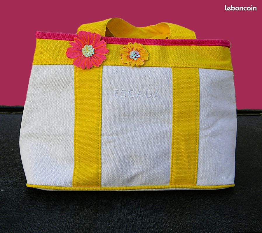 NEUF, Sac à Mains de la Marque ESCADA en Tissu Toilé Blanc, Jaune Vif et Fuchsia, (image 1)