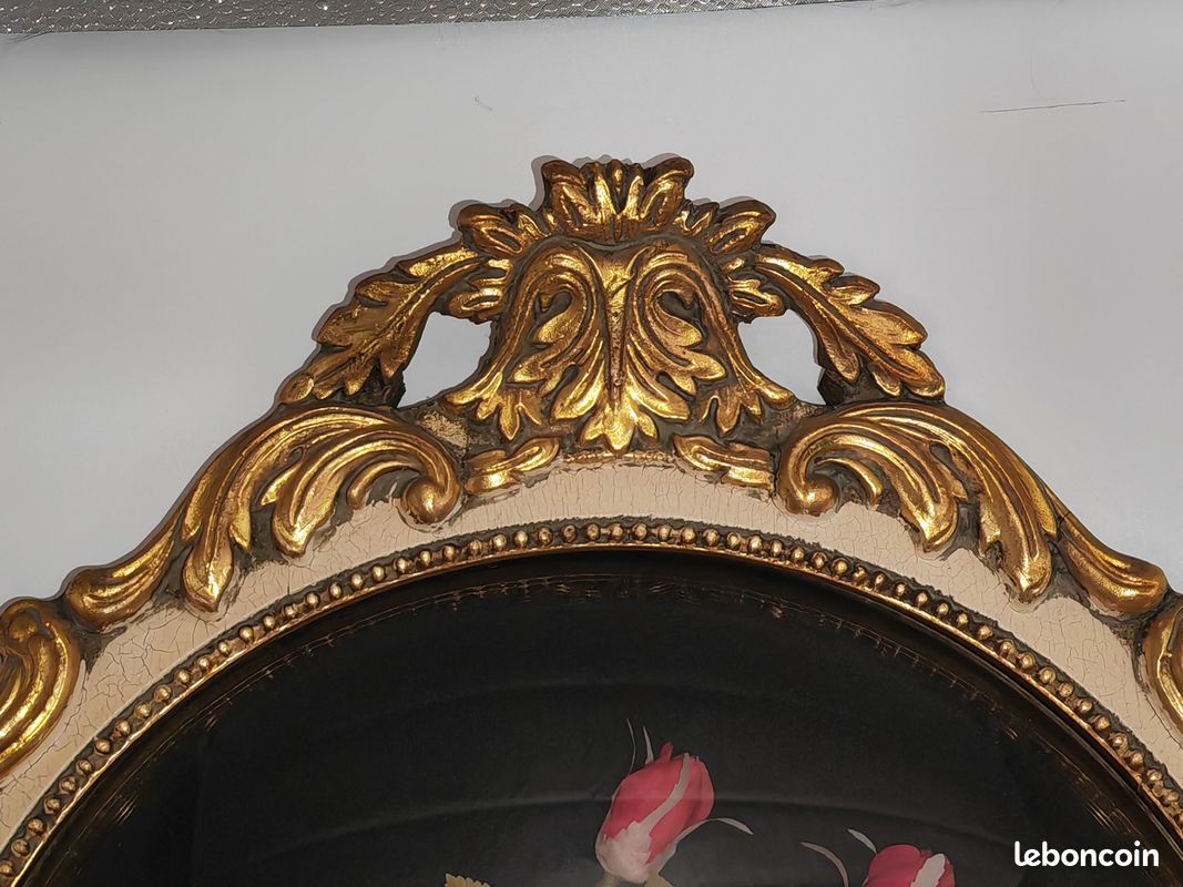 Sublime et grand cadre vintage en verre bombé décor fleurs séchées