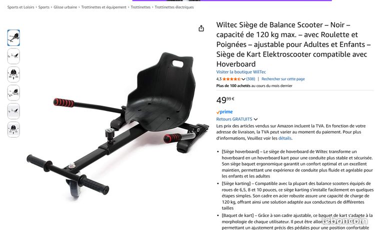 Siège Kart Hoverboard – Rouge – Charge Max 120 Kg – Ajustable Adulte/Enfant – Avec Roulette, Poignées Confort – Compatible 6.5" 8" 10"