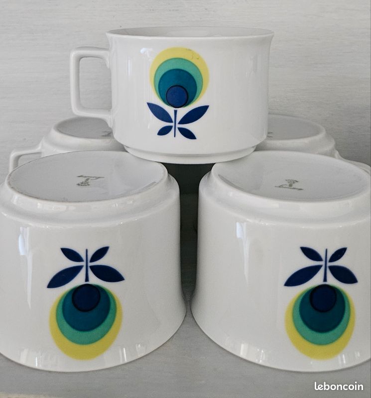 Service café thé vintage motif floral bleu vert jaune tasses sucrier crémier pot lait design Bavaria Schirnding 60’s 70’s (image 3)