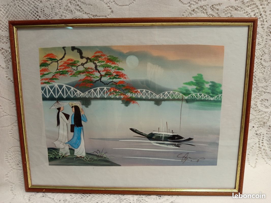 Tableau, Peinture sur soie Vietnam, signé Phong, fin XXéme " Ville de Hué " (image 1)