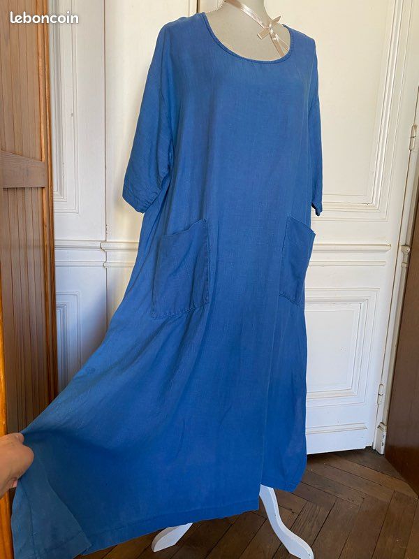 Chic robe longue lin bleu fabrication franaise  Eva Tralala T U -  Vtements