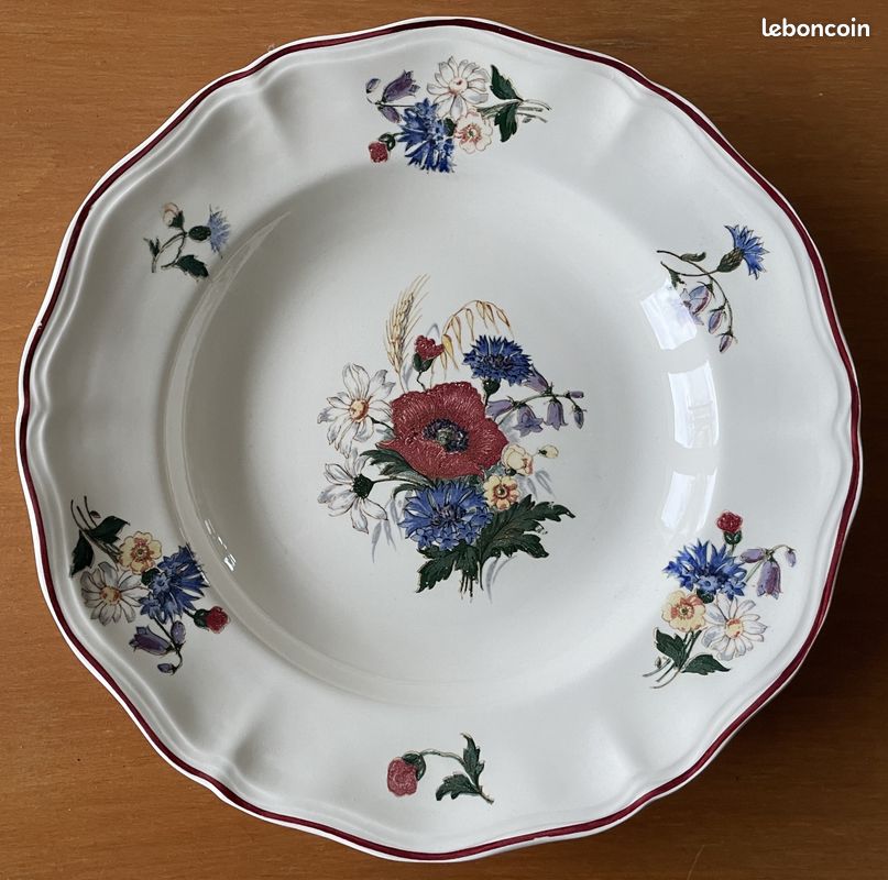 Plat a gateaux en faience, GIEN France, motif floral, fleurs très colorées, art de la table, vintage