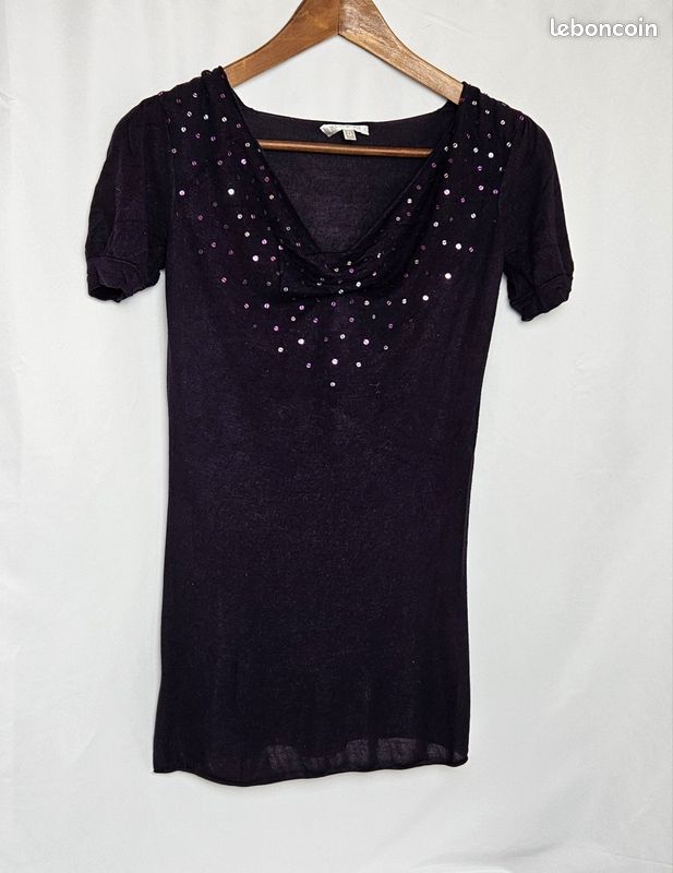 Top femme Morgan violet à sequins – Taille S – V-neck manches