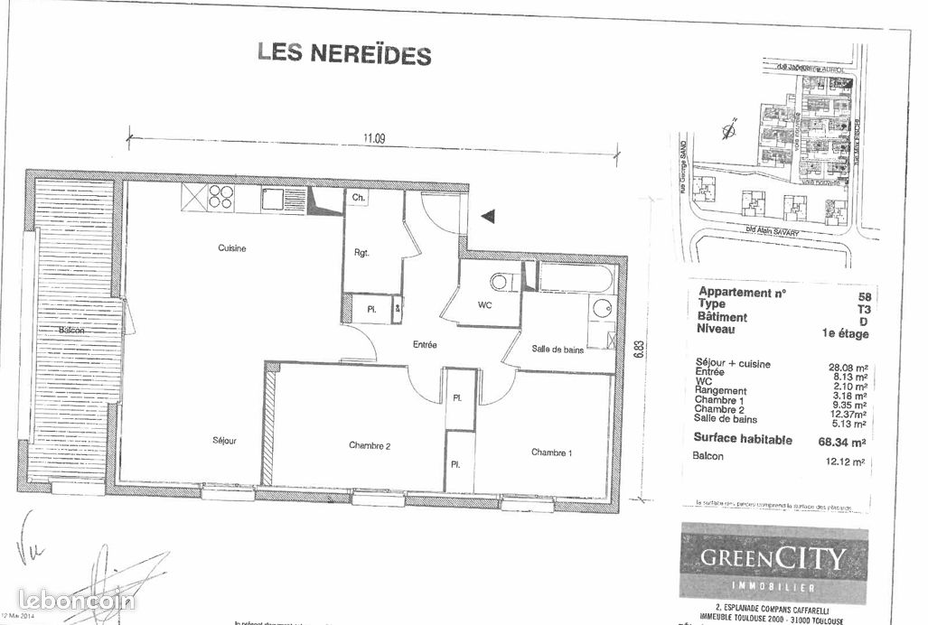Appartement 3 pièces 68 m² · à Blagnac · 68,3 m² · 843 €/mois