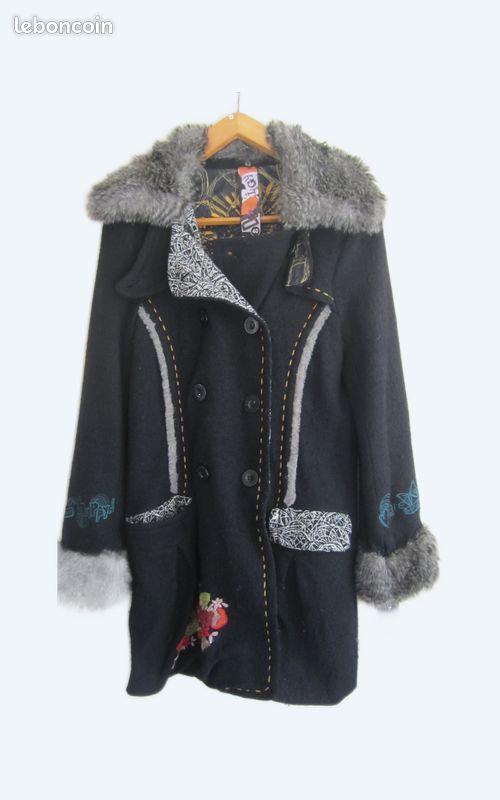 Manteau Desigual Doublé Noir Femme Taille 40 - Style Gilet Rock - Occasion Très Bon état