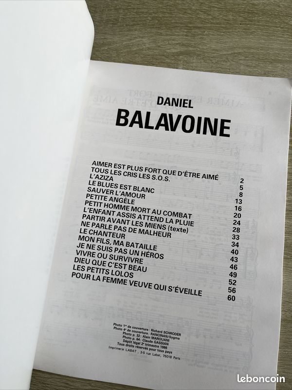 Daniel Balavoine songbook 17 titres partitions guitare et piano (image 2)
