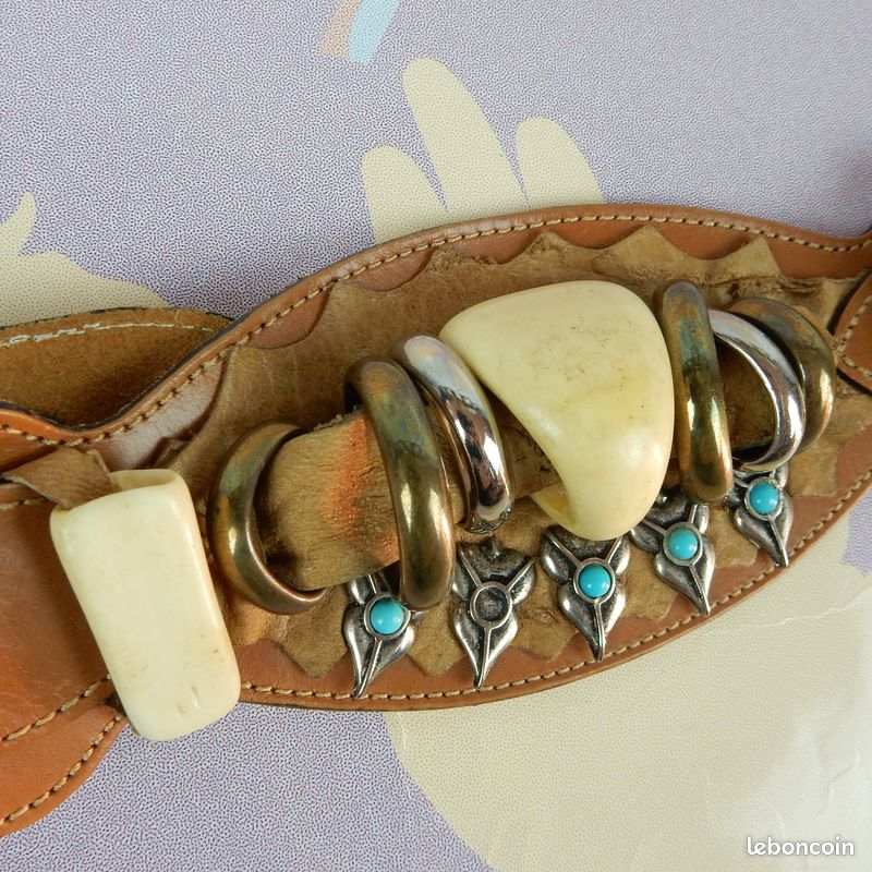 Ceinture vintage western boho turquoise ivory cuir marron 75 leather belt brown (image 2)