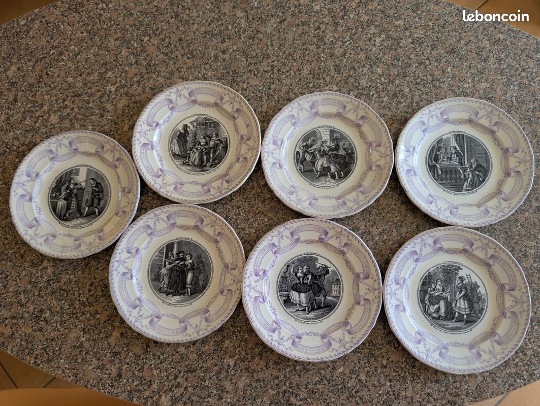 Lot de 6 assiettes anciennes "Proverbes" – décor violet J. Vieillard & Cie (image 1)
