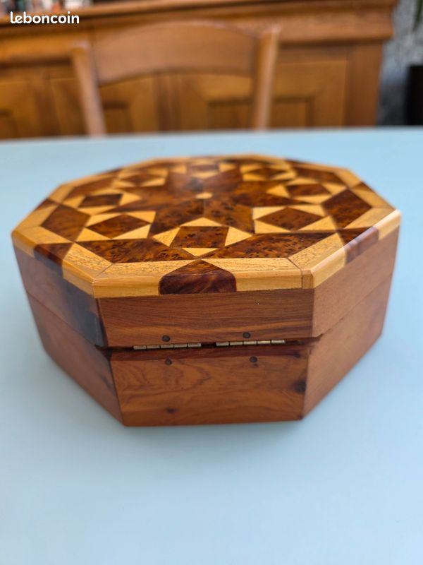Boîte En Bois Octogonale Décorée – Intérieur Feutrine Verte – Rangement Vintage Sans Marque