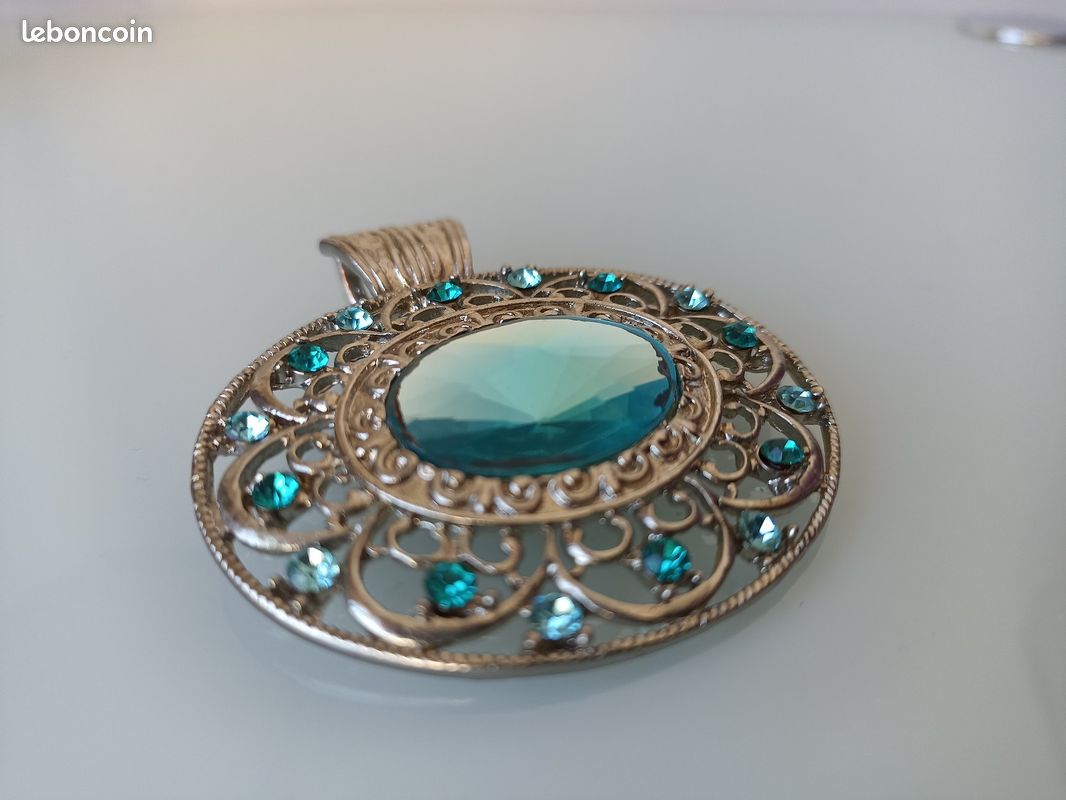 Collier Vintage Années 50 - 2 Rangs Maille Métal Doré Avec Strass Turquoise - Longueur 42-47 Cm