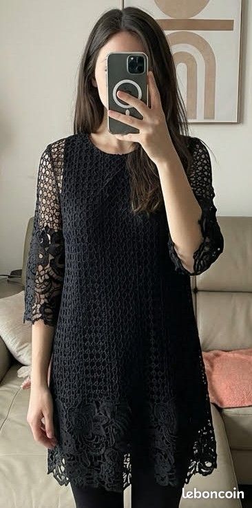 Robe Chemise Zara Noire Avec Bordure Dentelle - Taille S, Neuve Avec étiquettes