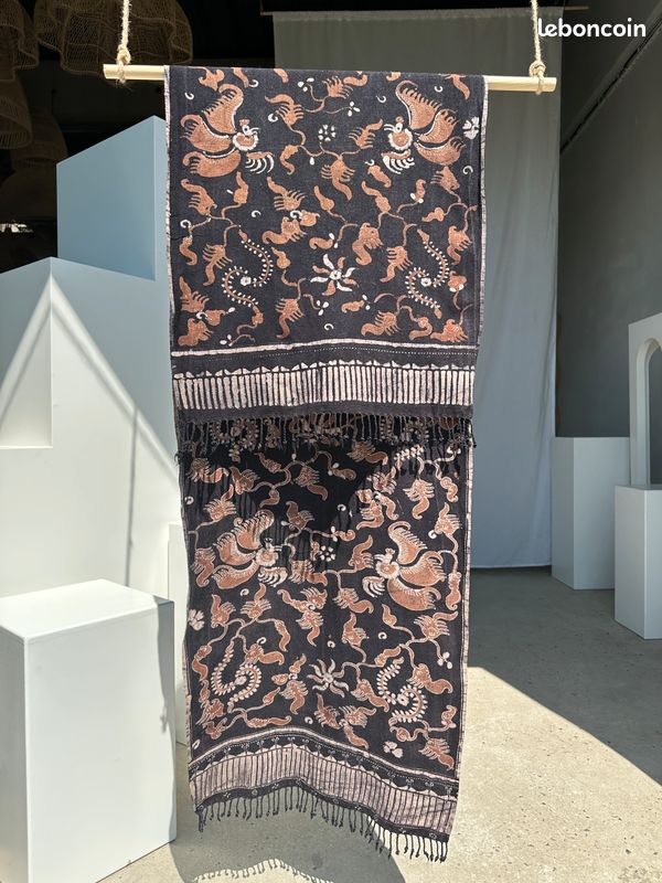 Batik imprimé noir et marron, tissu cérémoniel indonésien 185x50 (image 4)
