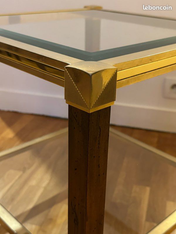 Table basse ancienne bois et verre biseauté, dorée (image 3)