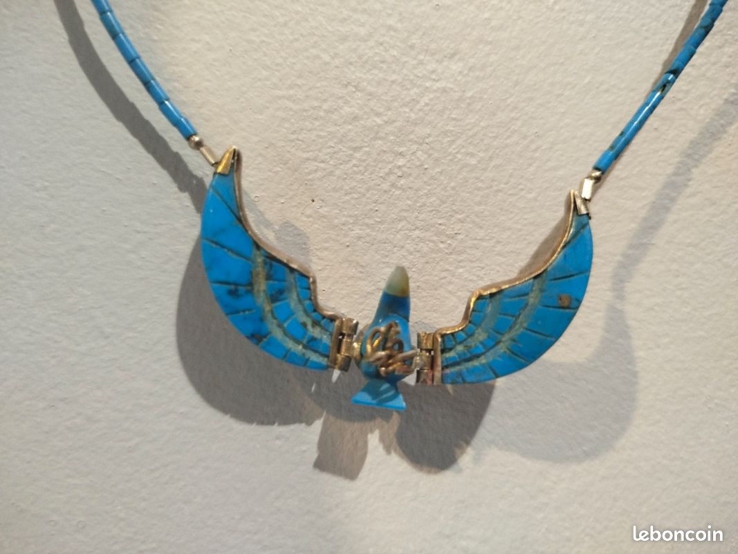 Collier Ancien Style Sud-ouest – Pendenti Fausse Turquoise Argenté – 50 Cm