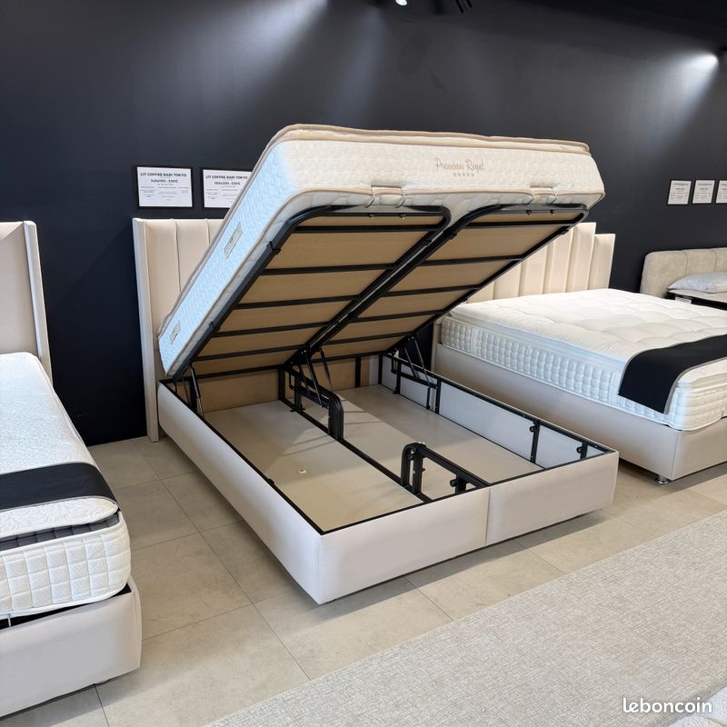 Lit coffre tokyo bari velours beige 160x200 avec sommier intégré et matelas en option 140x190 180x200 90x190 (image 2)