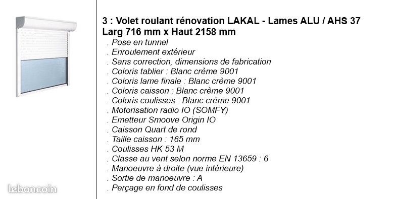 Volet roulant rénovation complet Lakal AHS 37 716 x 2158 mm / RAL 9001 / motorisé Somfy IO (image 1)