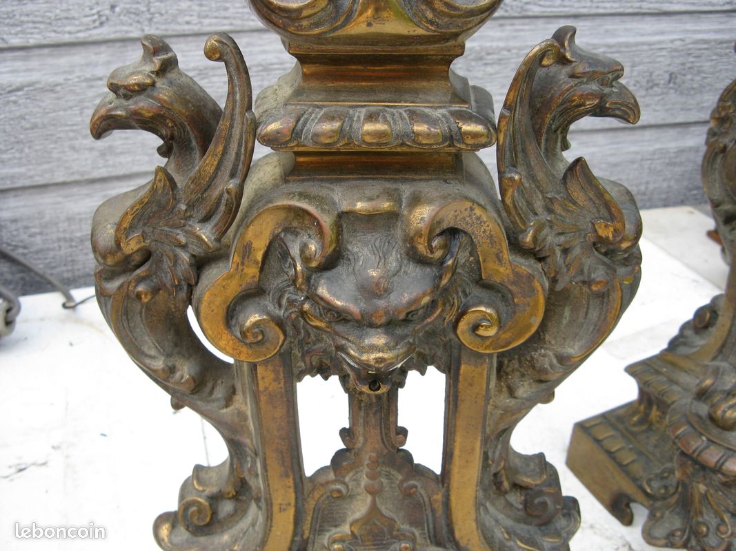 Bronze XIXème chenets avec sa barre de cheminée (image 5)