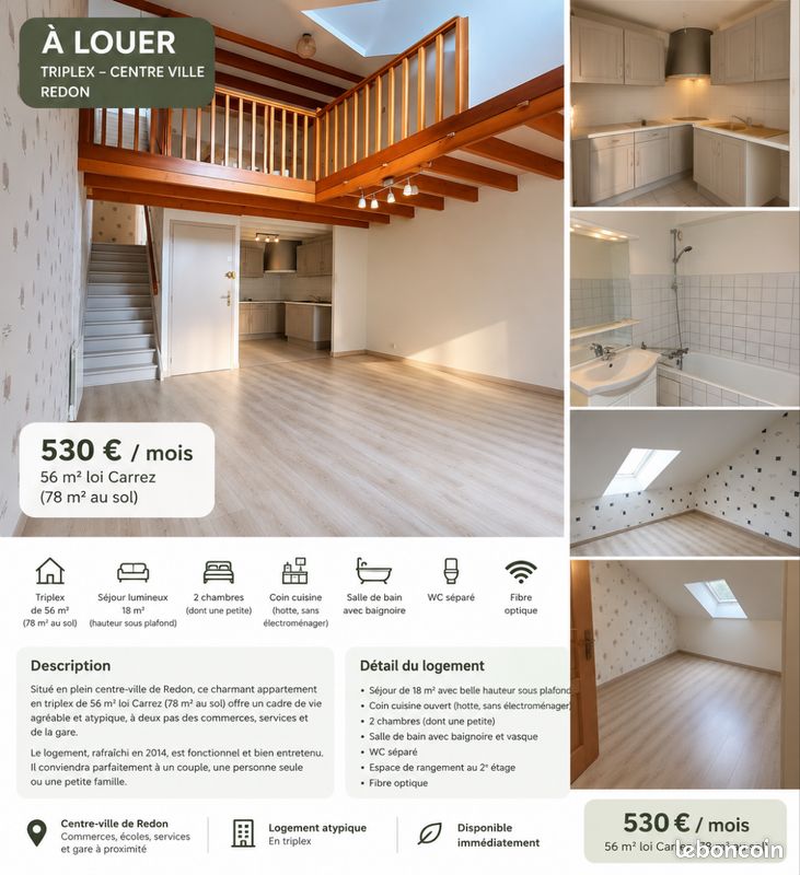 Appartement 3 pièces 56 m² · à Redon · 56 m² · 550 €/mois