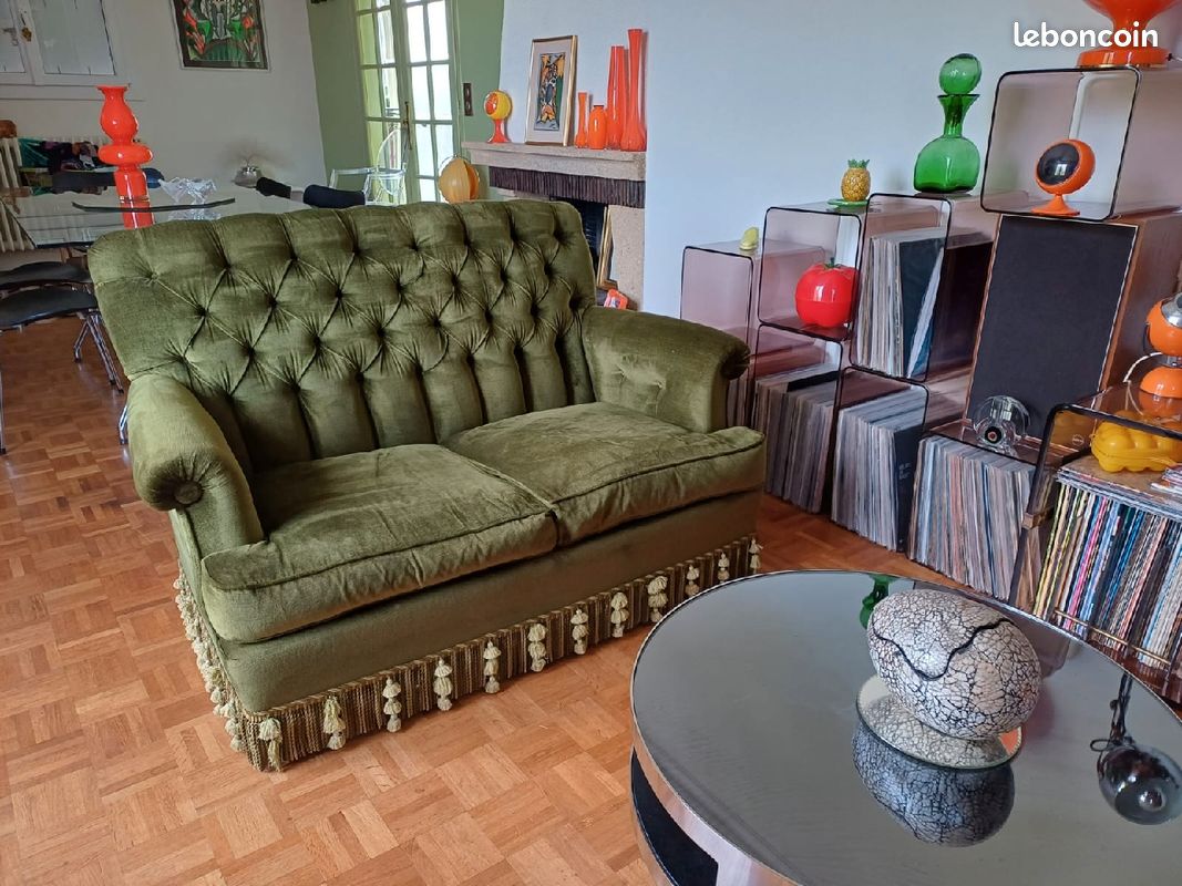 Divan canapé sofa vintage retro années 50 60 vert velours très bon état (image 11)