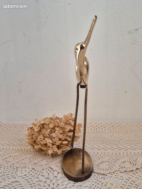 Sculpture Ancienne Oiseau – Bois Et Métal – Échassier – Décoration Nature