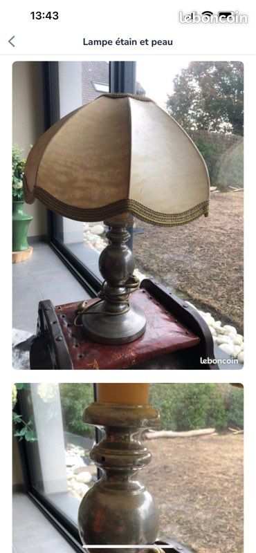 Lampe étain et abat jour en peau (image 1)