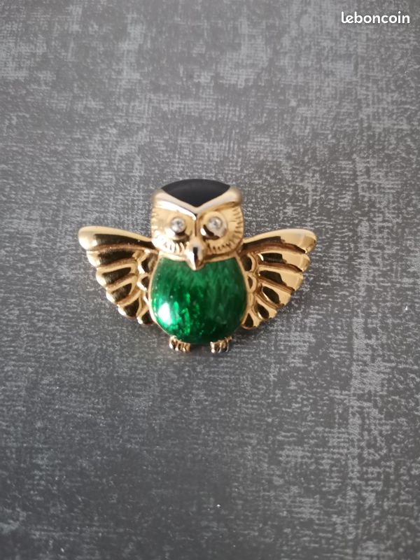 Broche Rétro Hibou En Relief Couleur Or Avec Cabochon Turquoise - Bijou Fantaisie Femme Occasion Bon état