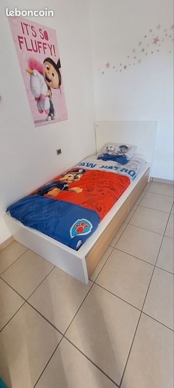 Lit une place 90 x 200 Ikea Malm + sommier + tiroirs (image 1)