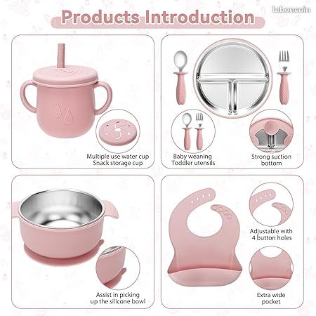Ensemble Couverts Bébé 8 Pièces Acier Inoxydable Rose - Assiette Ventouse + Bol + Bavoir Silicone + Cuillères + Gobelet - Anti-BPA Antidérapant