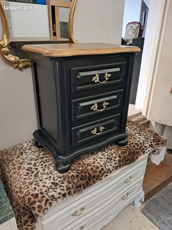 Table D'appoint / Chevet Relookée Noire - Bois - 70x32x42 Cm