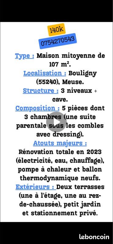 Maison 4 pièces 107 m² · à Bouligny · 107 m² · 140 000 €