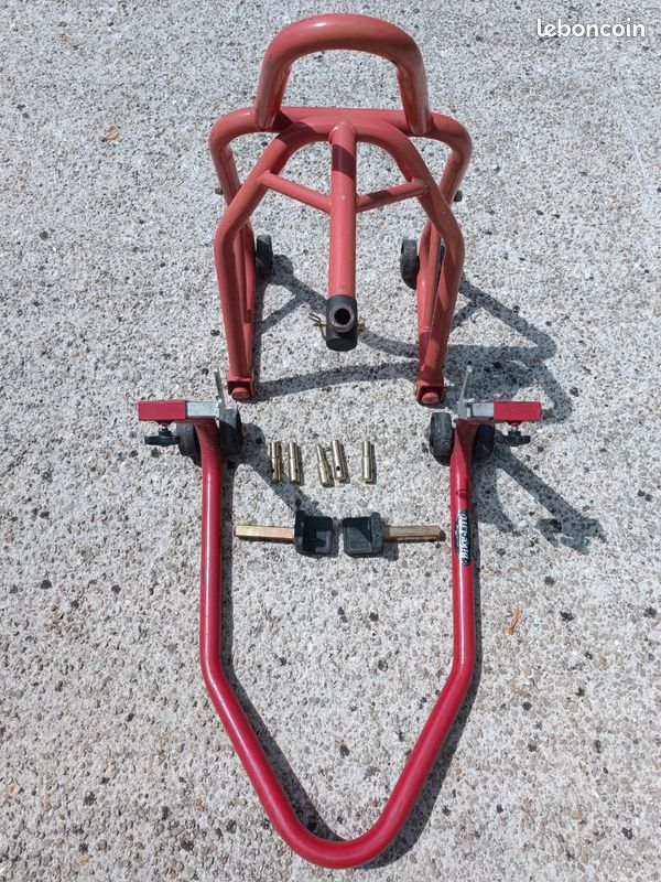 Deux béquilles de stand ou d'atelier avant et arrière bike lift pour moto de piste et de route avec 2 adaptateurs pour diabolo ou bras oscillant (image 1)