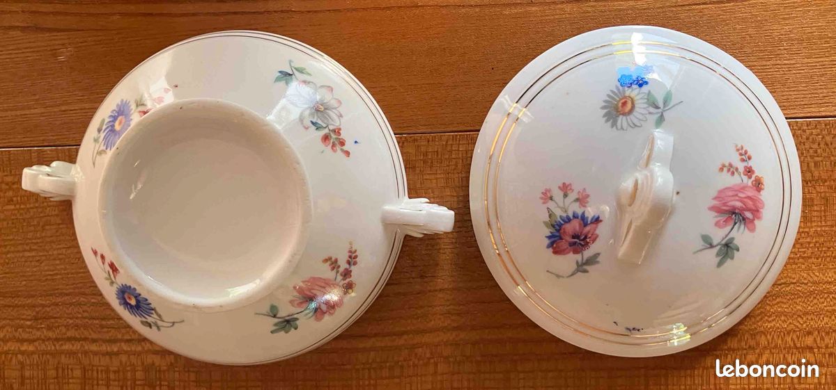 ANCIENNE DINETTE DE POUPÉE SERVICE À CAFÉ 9 PIÈCES PORCELAINE PEINTE