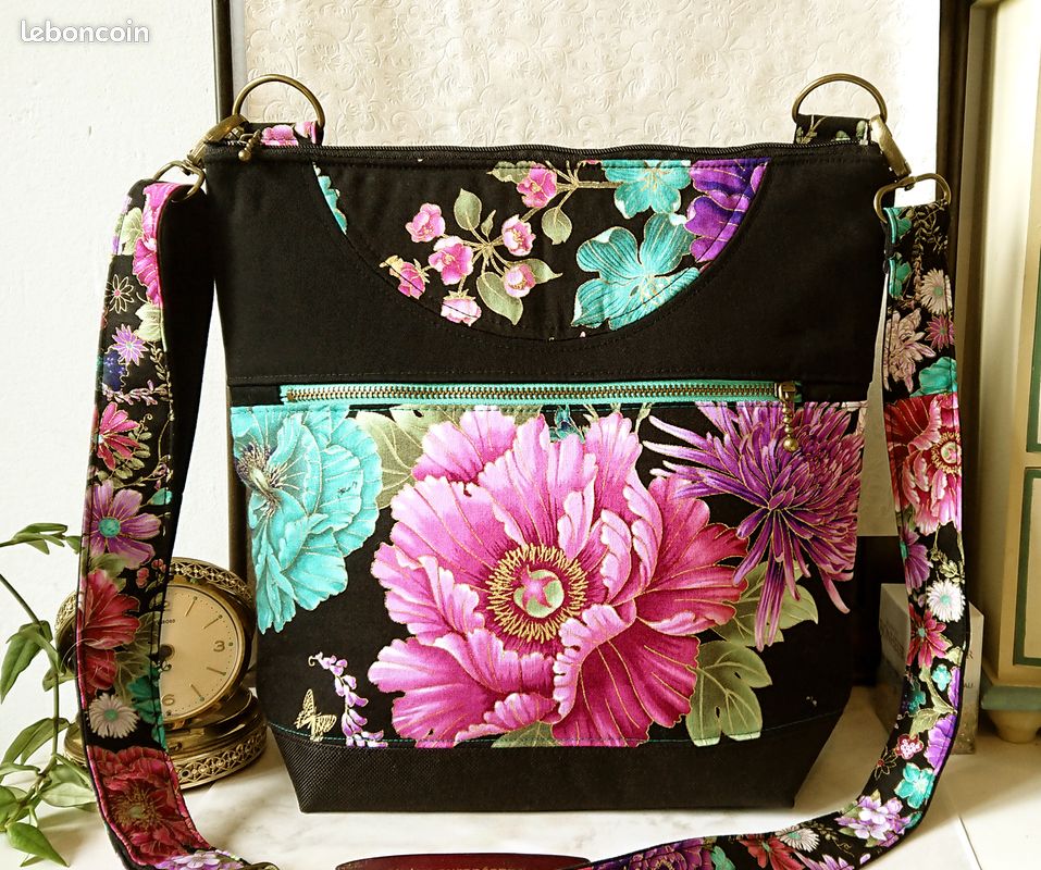 Sac à main tissu coton floral japonais, rose, turquoise, noir, triple ouverture, sangle ajustable (image 2)
