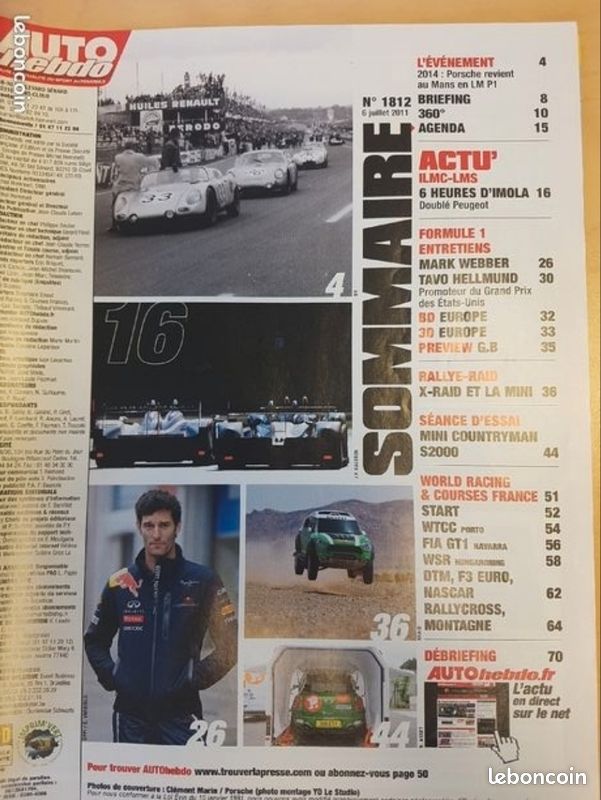 Auto Hebdo N°1812 (6 Juillet 2011) ILMC/ILMS Imola, Peugeot 908, Audi R15, Porsche Le Mans,F1 Webber, Silverstone, Essai MINI COUNTRYMAN S2000, RALLYE RAID X-RAID (image 2)