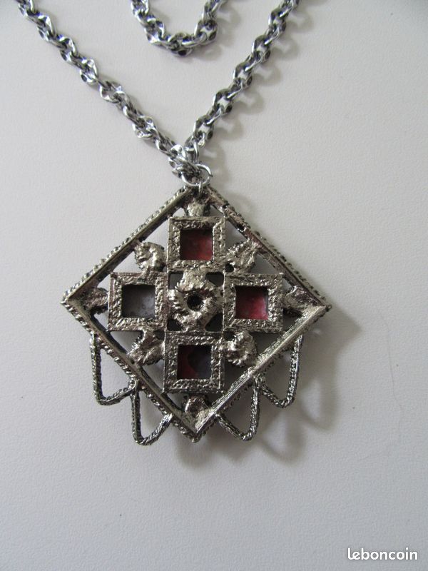 Pendentif Vintage Années 70 - Émaux D'art Violet Sur Monture Argentée (4.5 Cm)