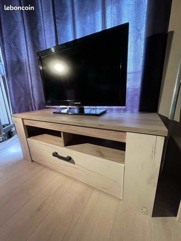 Meuble TV télé en bois couleur chêne et chêne foncé (image 2)