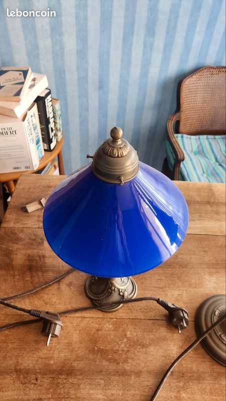 Lampe de bureau laiton & verre bleu - Berliner Messinglampen (Style Art Nouveau / Rétro) (image 1)
