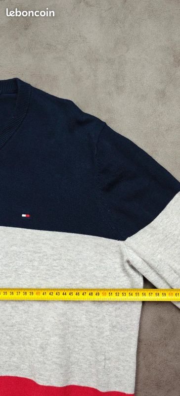 Sweat Tommy Hilfiger [L] 100% coton col V logo brodé homme pull marine (image 10)