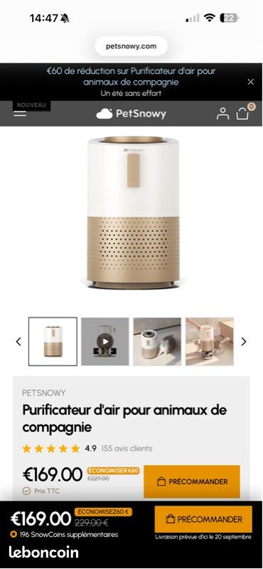 NEUF dans son emballage purificateur d’air PetSnowy (odeur poil animaux) acheté 169 euros (image 1)