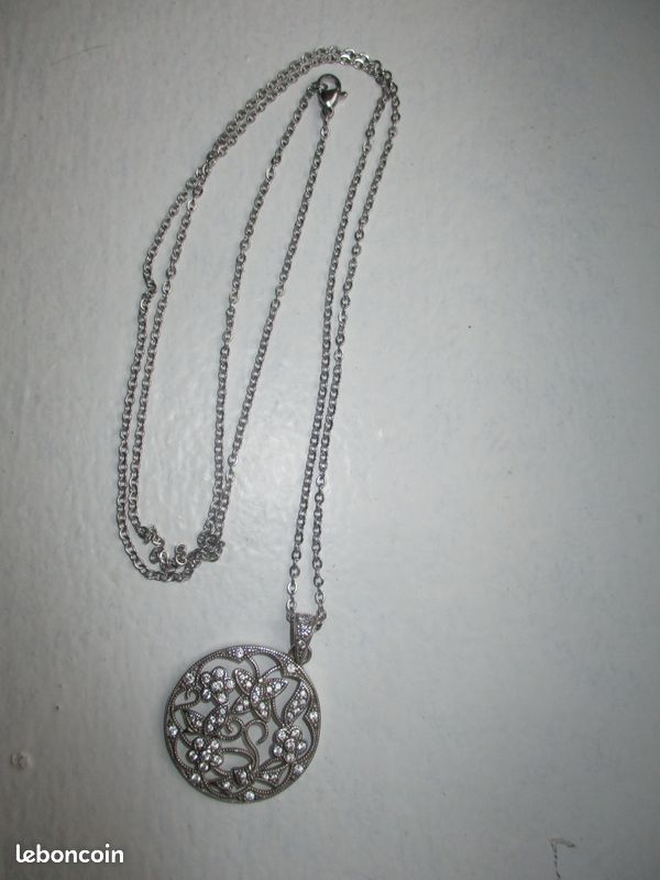 Sautoir En Argent Massif Avec Pendentif Zirconiums - Longueur 60 Cm - Occasion