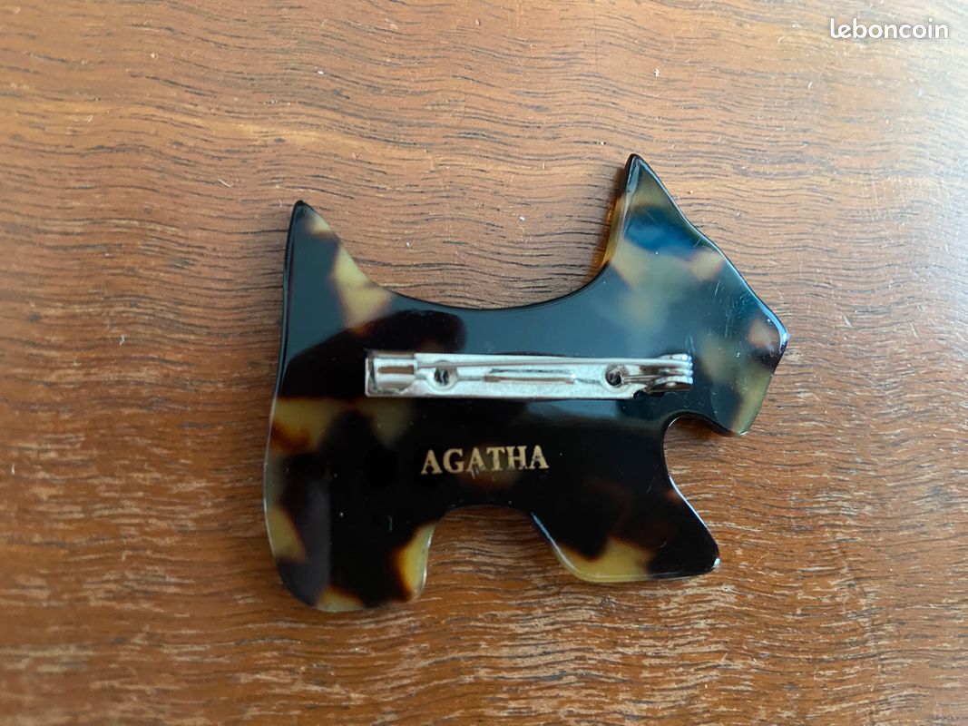 Broche Chien Fox Émaillé Nacré & Doré - Style Agatha - Très Bon État (TBE)