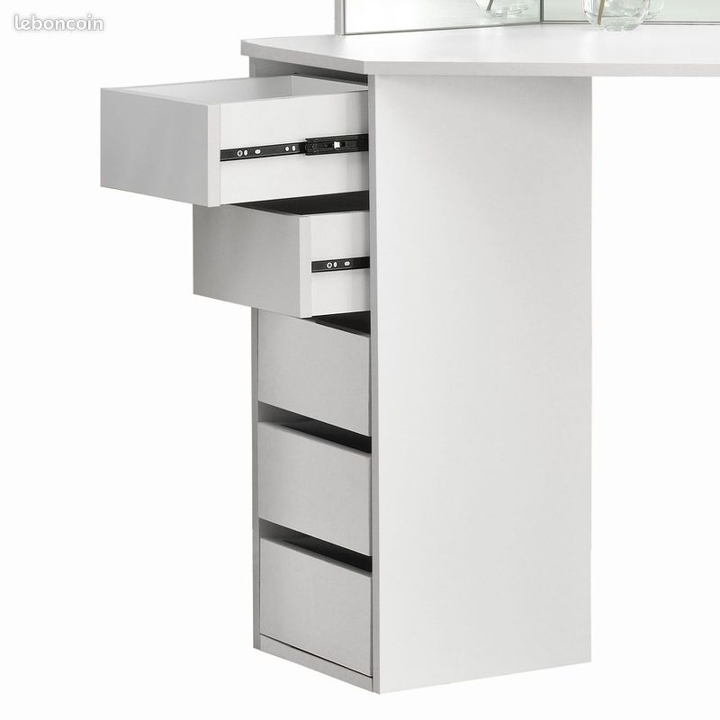 Coiffeuse Angle Bois Blanc - Éclairage LED - Miroir - Tiroirs - Planches - Table de Maquillage Moderne (image 2)