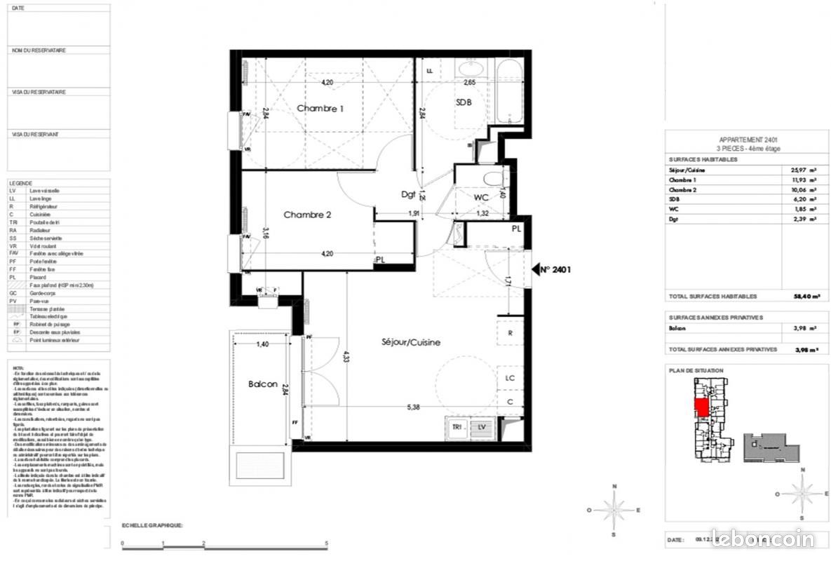 Appartement a louer  - 3 pièce(s) - 58 m2 - Surfyn