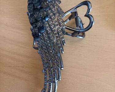 Pince à Cheveux Ailes D'ange - Femme, Strass Brillants Et Perles, Gris