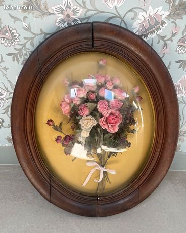 Ancien Cadre Ovale Verre Bombé Fleurs Séchées. Tissu Galon Velours Vintage - Décoration