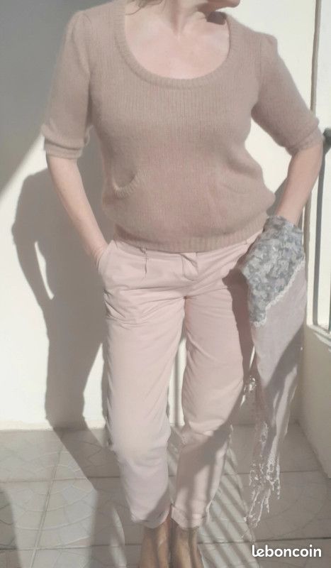 Pull en maille Angora & cachemire & laine couleur beige & rose - Taille M (image 15)